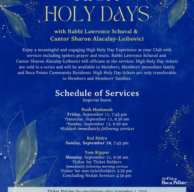 High Holy Days services flyer with schedule for The Club at Boca Pointe