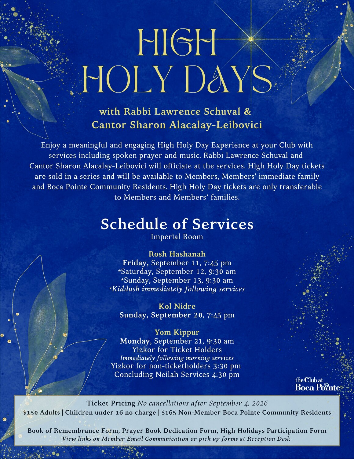 High Holy Days services flyer with schedule for The Club at Boca Pointe
