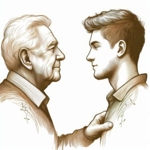 Hand-drawn illustration of an elderly man and his adult grandson facing each other
