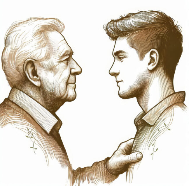 Hand-drawn illustration of an elderly man and his adult grandson facing each other