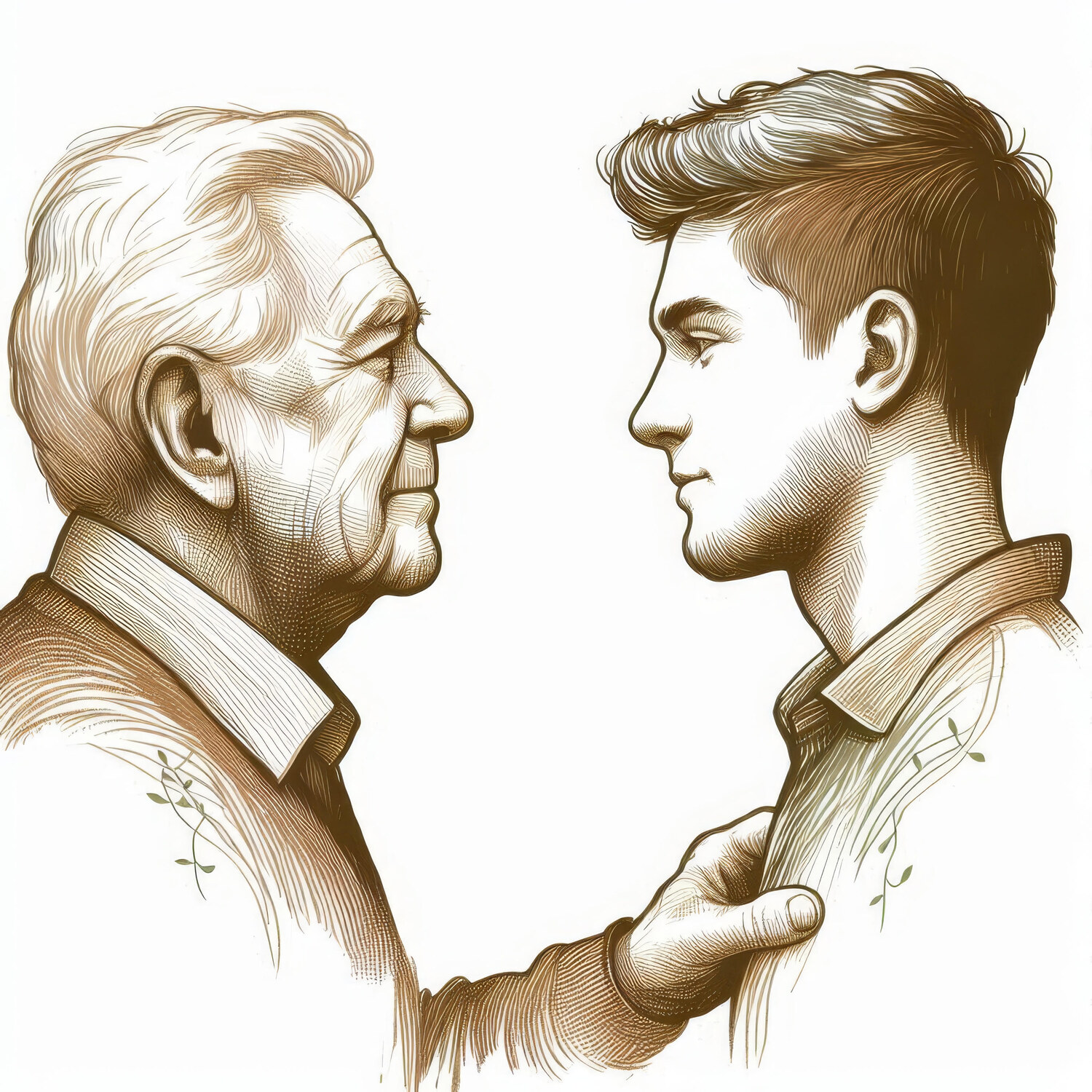 Hand-drawn illustration of an elderly man and his adult grandson facing each other
