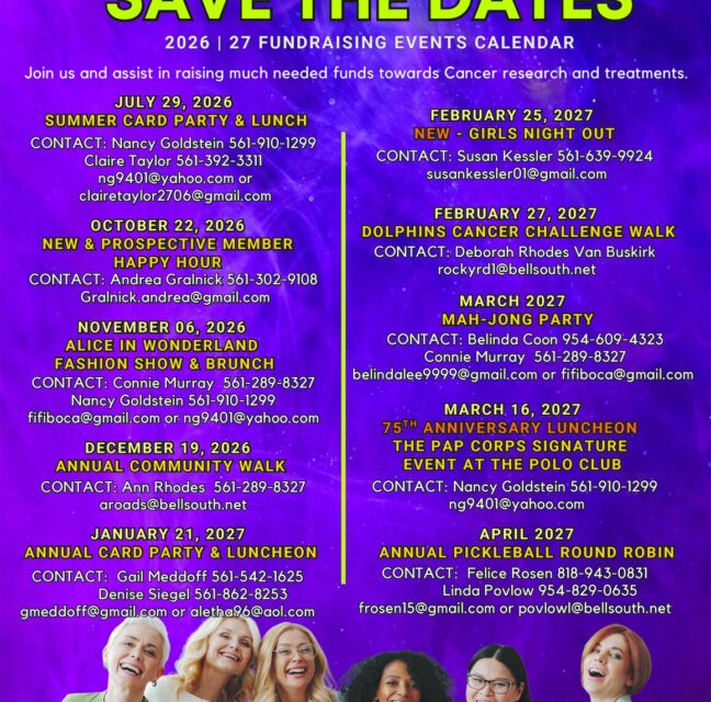 Pap Corps Boca Pointe chapter 2026-27 fundraising events calendar flyer