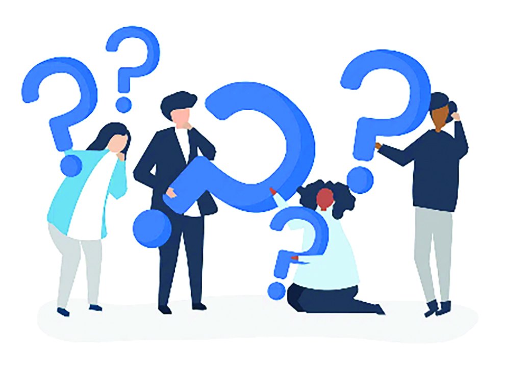Illustration of people standing among oversized question marks