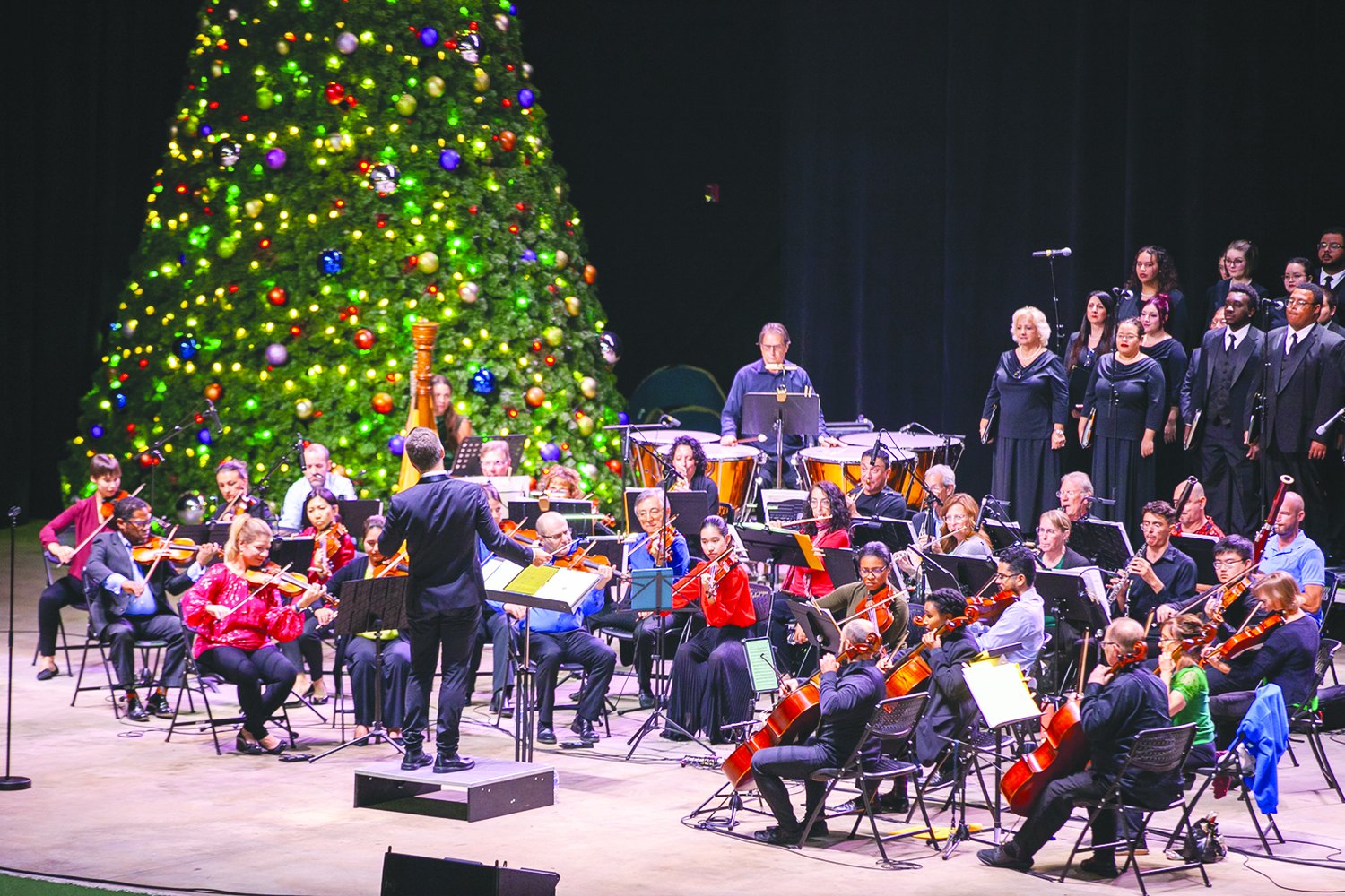 Orchestra and choir performing beside a lighted holiday tree