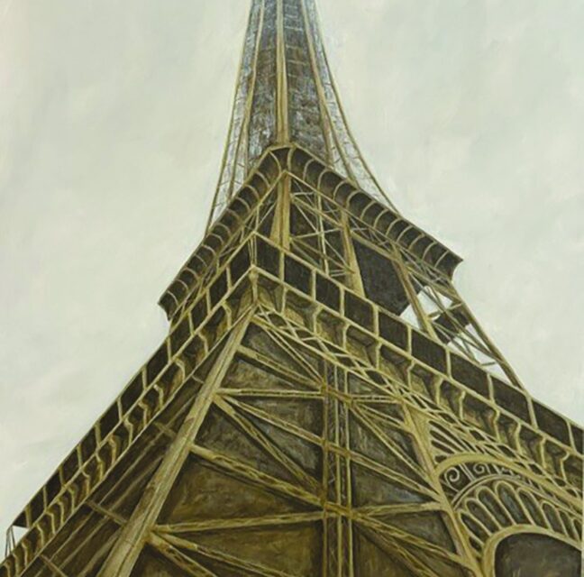 Painting looking up at the Eiffel Tower by Erica Kyle