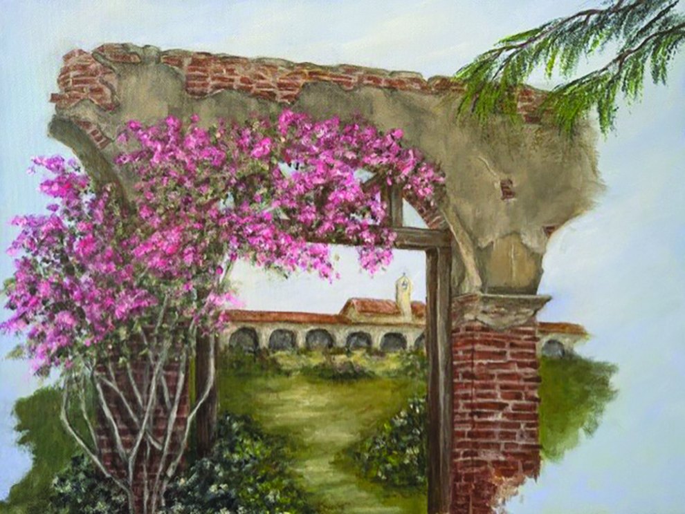 Painting of a brick archway framed by pink bougainvillea by Erica Kyle