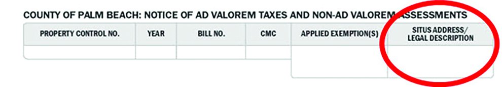 Property tax bill with the situs address and legal description column circled