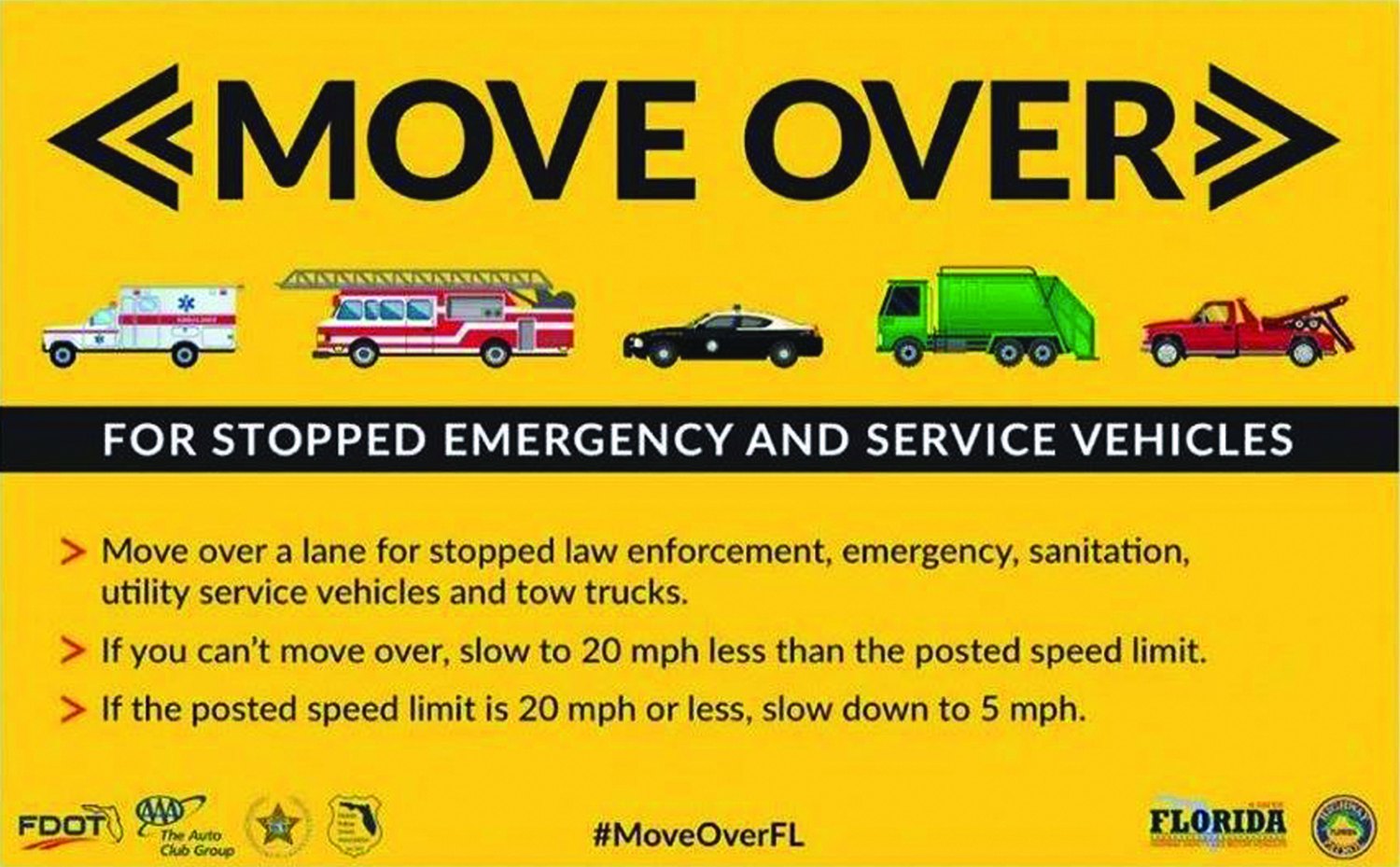 Florida Move Over sign showing emergency, sanitation and tow vehicles
